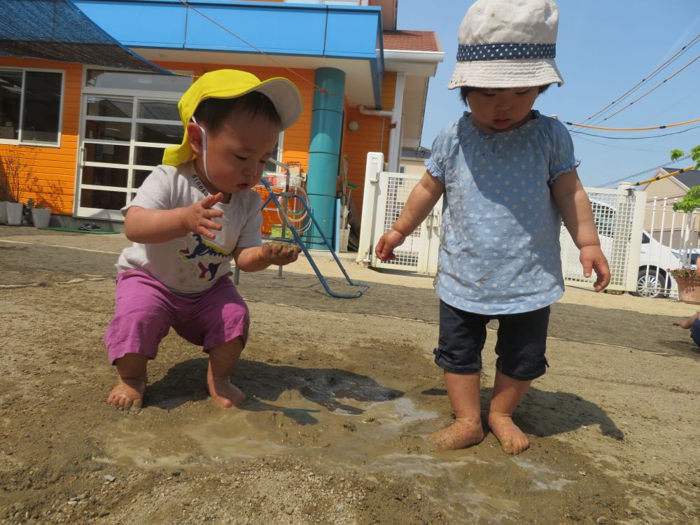 砂、土、水・・・　など
身近な自然に触れて遊ぶヒヨコ組さん

新しいクラスにも慣れ、好きな遊びを思いきり楽しむ姿がみられます



