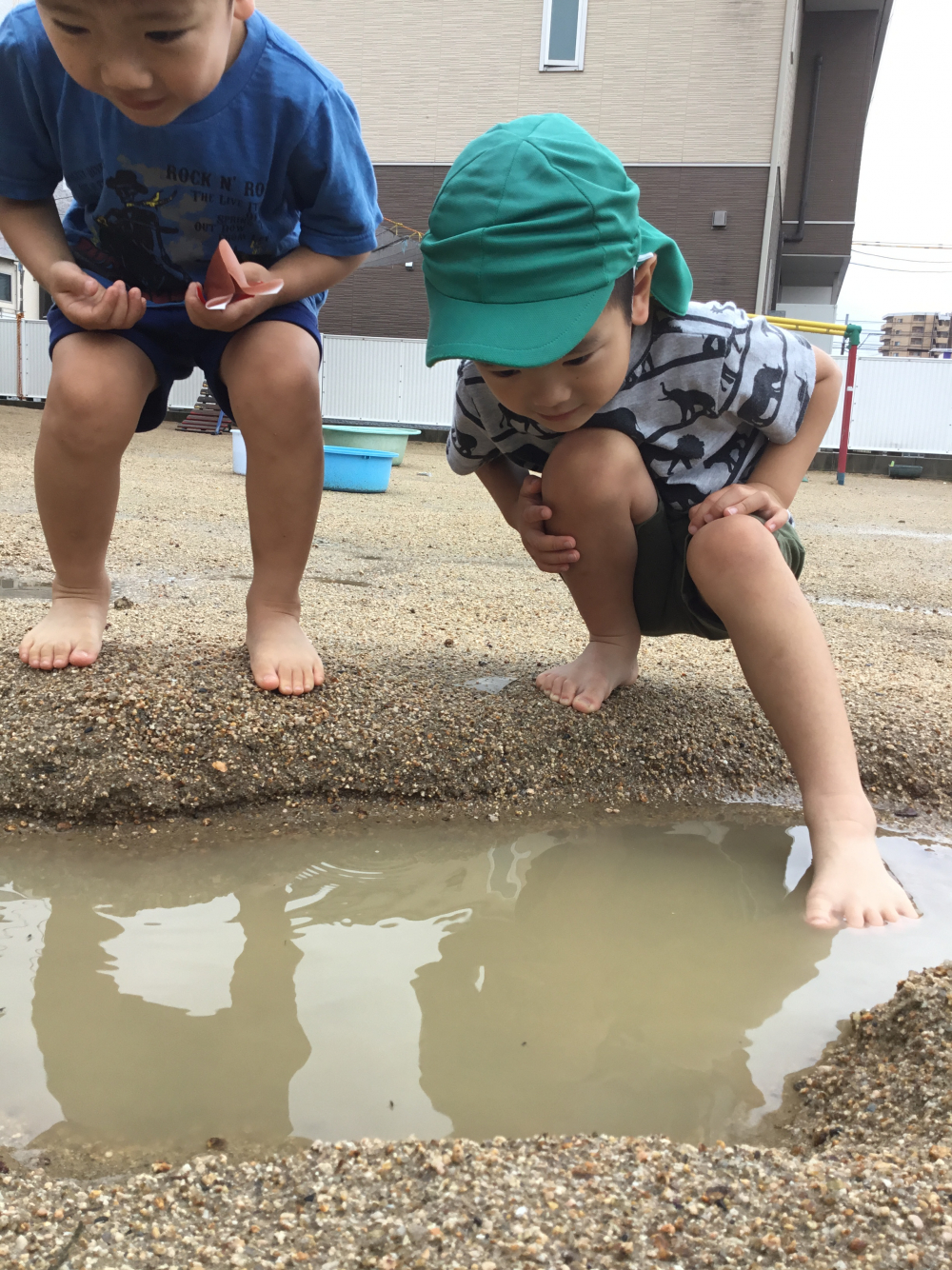 雨が降ったり止んだりする梅雨の季節
園庭にできた水たまりは、子どもたちの大好きな場所です



大きな池みたい！
入ってみたり・・・