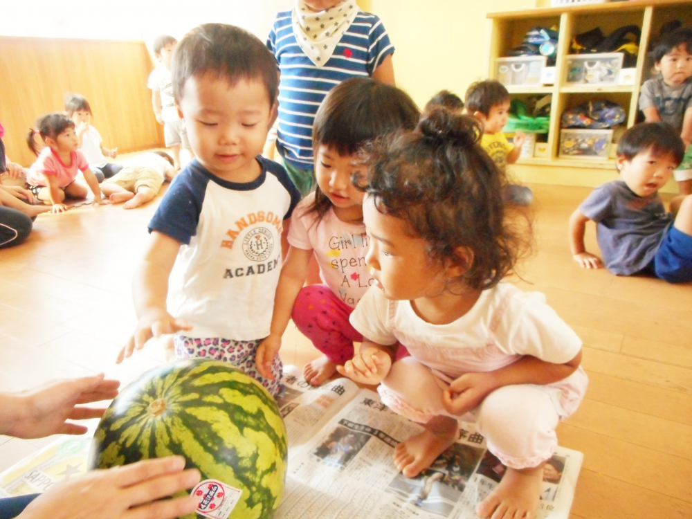 「すいかって模様があるんだねー」
「線が書いてあるよ」
いろんな子どもたちの声が聞こえてきます!