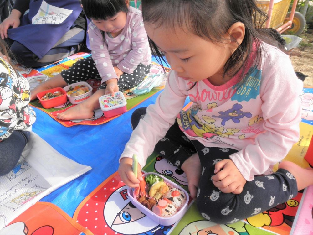 今日は今年２回目の【お弁当の日】でした。

朝から子どもたちは
｢せんせーおべんとうもってきた？｣
｢アンパンマンがはいっとるんよ☆☆｣

楽しい会話が飛び交います。


午前中に外遊びをしながら
｢はやくおべんとう食べたいな・・・・｣
待ちきれない様子のクマくみさんです。

さあ、お昼の時間になりました。
クマくみさんは今日は天気にも恵まれたので外でシートを広げて食べましょう☆

｢いただきまーす♡｣


