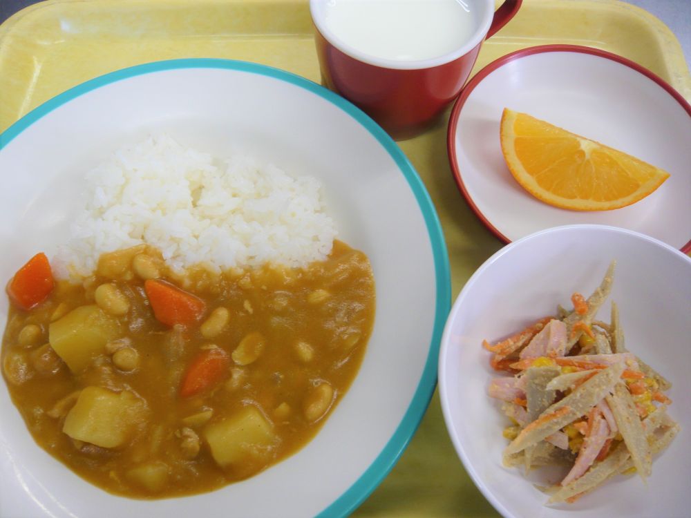 チキンカレー

ごぼうとコーンのサラダ

オレンジ

牛乳