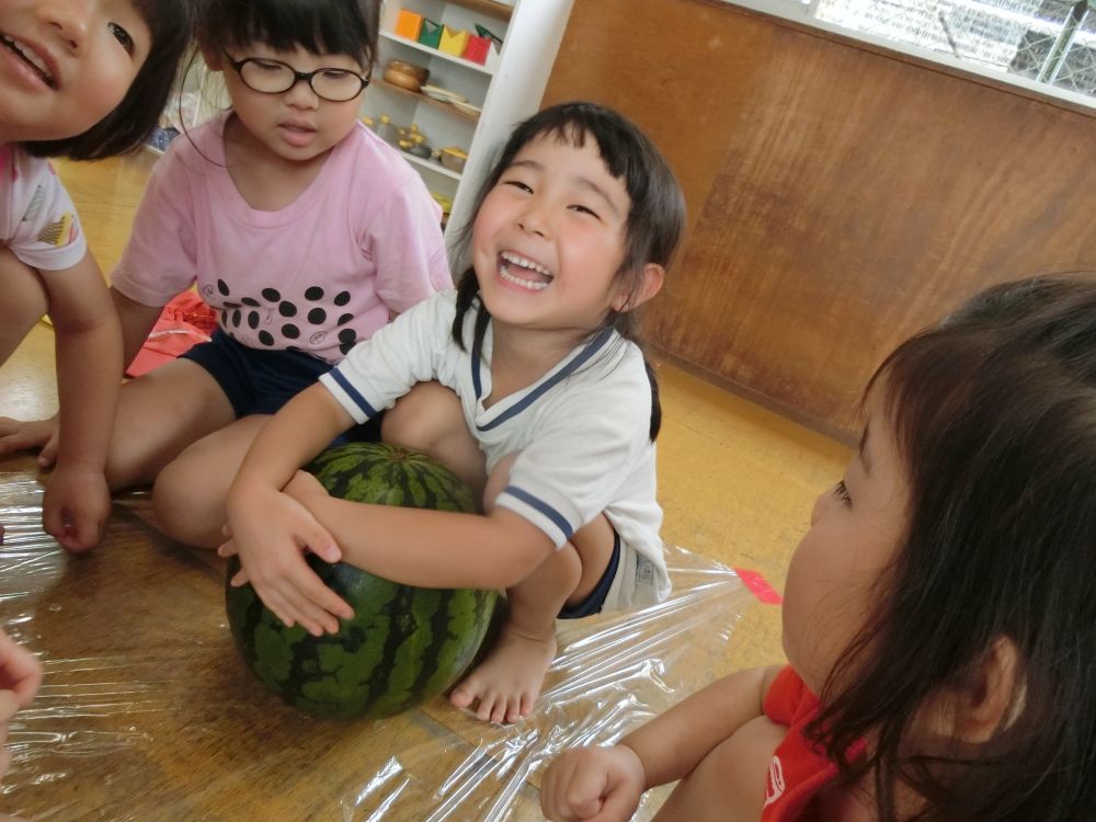 「おれね~すいかわりしたいんよね~」
と、つぶやいていたTくん・・・
そんな声が聞こえたのか・・・
保護者の方から、スイカを頂きました。
「つめたくてきもちい~♡」