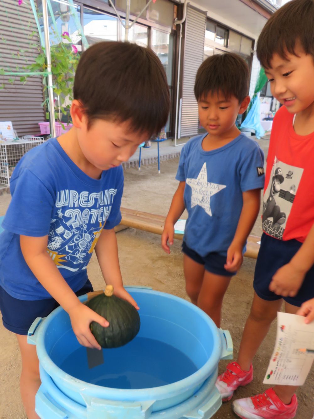 「浮かぶか沈むかの実験をするから
どうだろ~?と思う野菜があれば
持ってきたらいいよ」
事前に先生から声をかけてもらっていたので
かぼちゃを持ってきたSくん。
「うかぶかな~・・・・?」
ぶどうとミニトマトを持ってきたAくん。