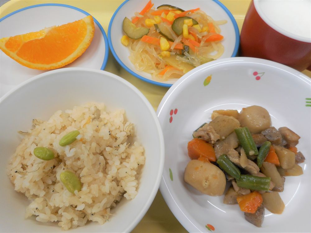 枝豆とじゃこのご飯

筑前煮

春雨の酢の物

オレンジ

牛乳