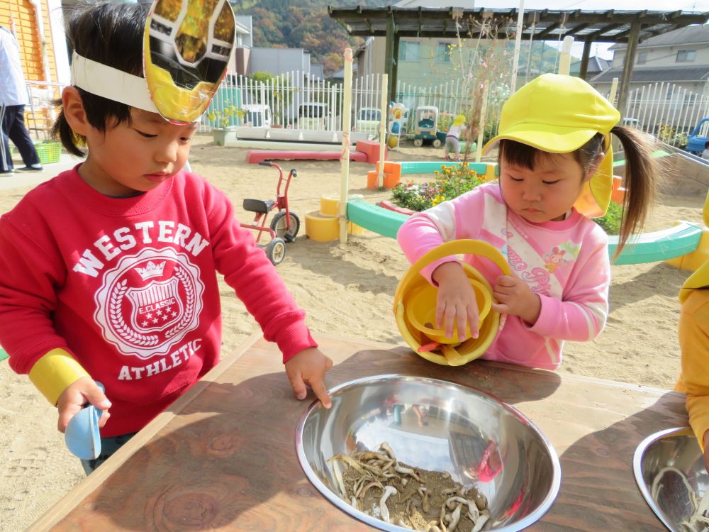 いろんなキノコ🍄を触ったあと・・・子どもたちそのキノコちゃんを外に出して・・・何か・・始めてるよ～・・・・(*^O^*)/
先生がこっそり側で様子を見てると・・・
『きのこごはんを作ろ～～🍚っと』
『ボールにキノコを入れて・・・ご飯🍚を入れて・・・』
そして女の子が・・・さすが女子力✨
『アレクサ！！！』
『さあ！！時間を計って！！！』
『頼んだよ(*^O^*)ｖ』
先生・・側で聞いてて・・・びっくり(ﾟﾛﾟ屮)屮笑笑