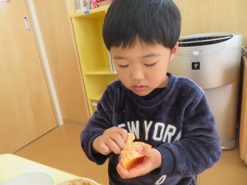 今日はポンカンがついていました。
給食で食べるのは今日が初めてでしたが、上手に皮をむいて食べていましたよ♪

いっぱい食べておかわり分も完食！！
よく食べました♡