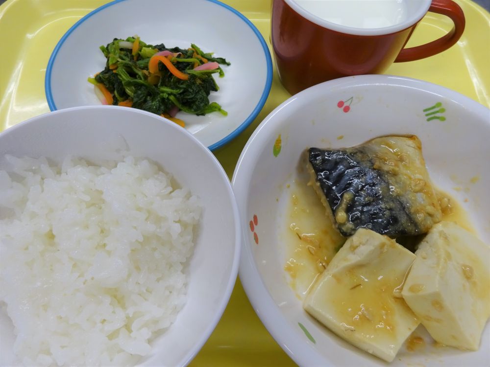 ご飯

さばのみそ煮

付け合わせ（豆腐）

がじつあえ

牛乳