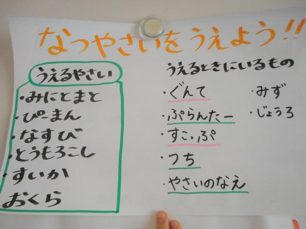 植える野菜と、日にちも決まりました。
では、次にすることは・・・？

植える時に必要なものをみんなで考えます♪
「ぐんて！！」
「うえきばち！！」
と、必要だと思うものを声に出し、書き上げていきます。
その中で、自分たちで準備するものと先生にお願いするものを分けてみたり・・・。
こうしてみんなで想像し、考えることで、夏野菜を育てていくワクワク感が高まっています♡