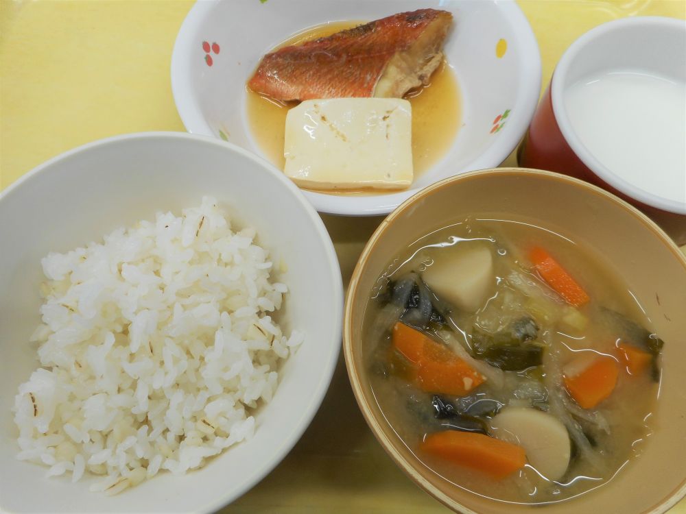 麦ご飯

赤魚の煮付け

付け合わせ(豆腐)

切干大根のみそ汁

牛乳