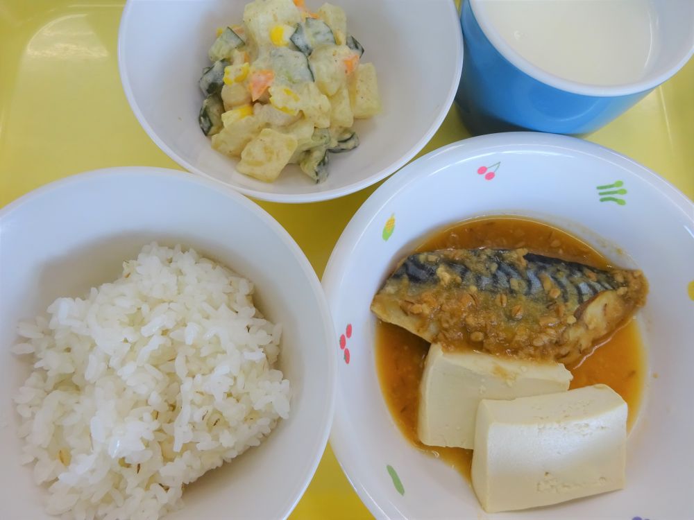 麦ごはん

さばのみそ煮

付け合わせ（豆腐）

じゃが大豆サラダ

牛乳