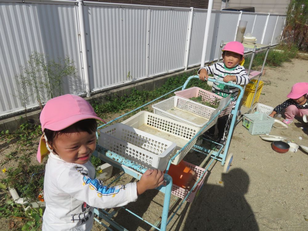 園庭遊びの中

「お買い物に行ってきまーす！」　元気な声！

おもちゃのお片付け用カートがお買い物カートに変身


押しながら歩き…