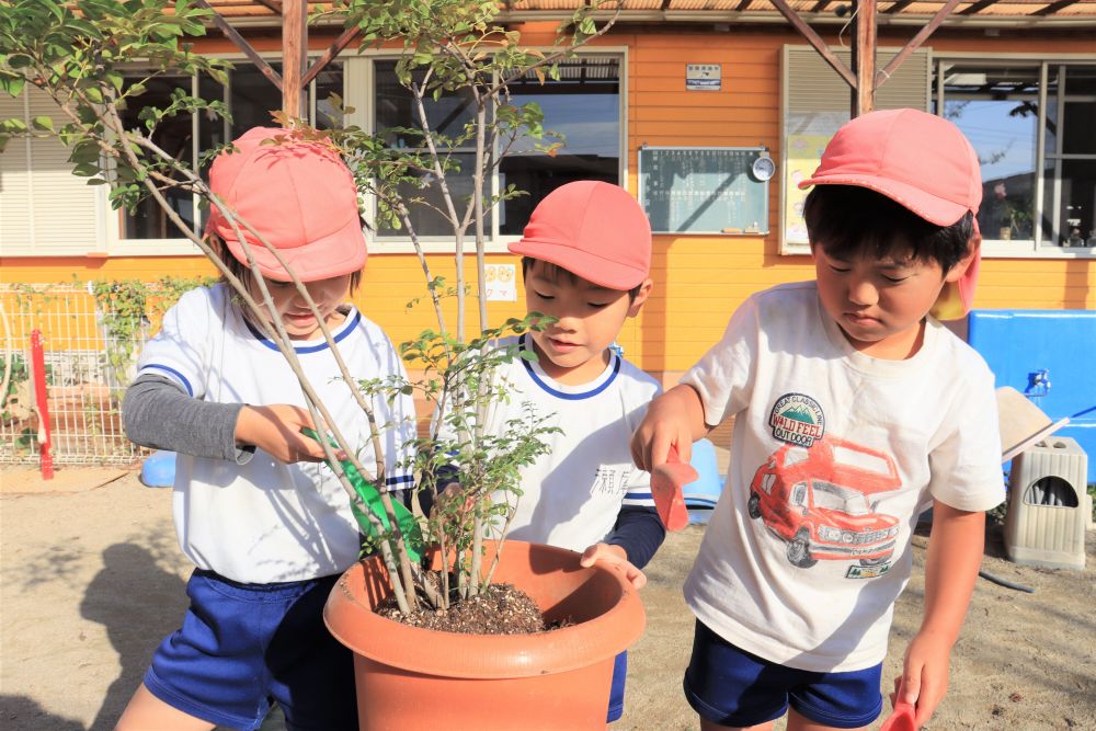 「ここ持っとって」
「もう少し土入るかなぁ？」

子ども同士のやり取りを聞きながら見守ります