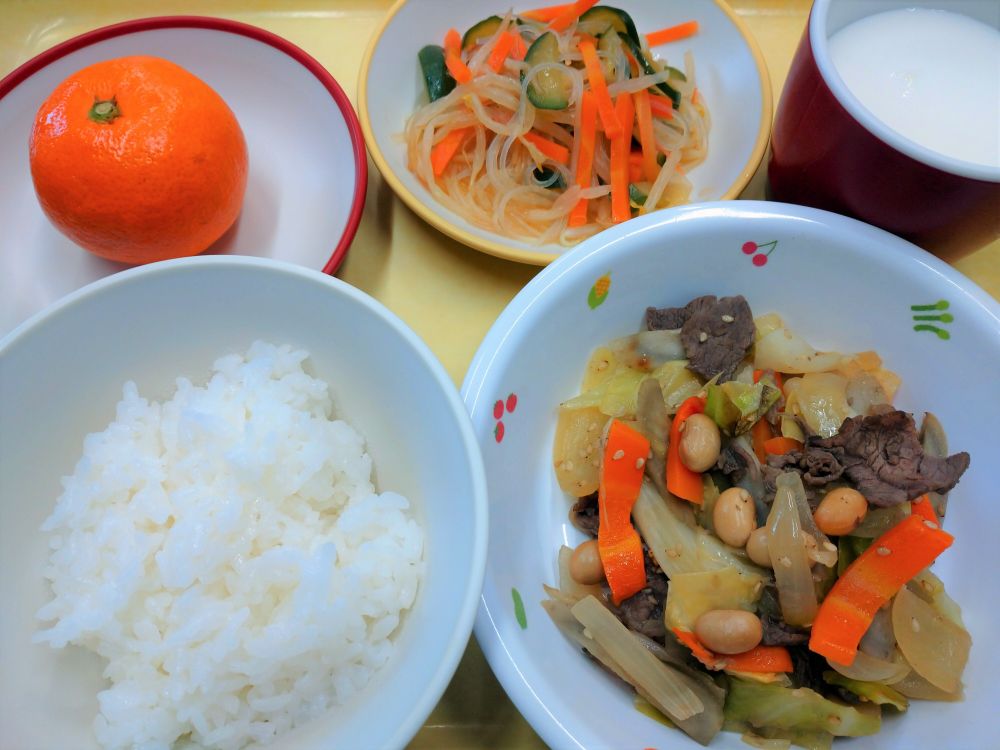 ご飯

牛肉のごま風味焼き

春雨サラダ

みかん

牛乳