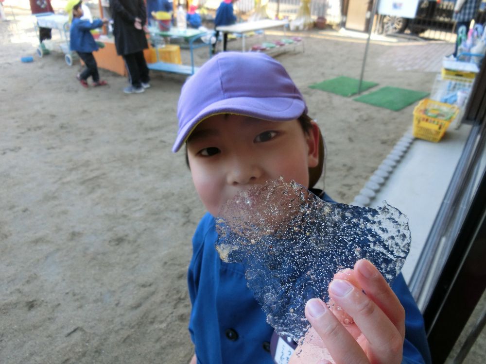 寒さが増したことで、園庭でも楽しい発見が！！

「氷できとったよー！！」

水たまりに出来ていたいろんな形の氷を集めていたKくんたち。

自分たちでも『氷が作りたい！』と、チャレンジ☆