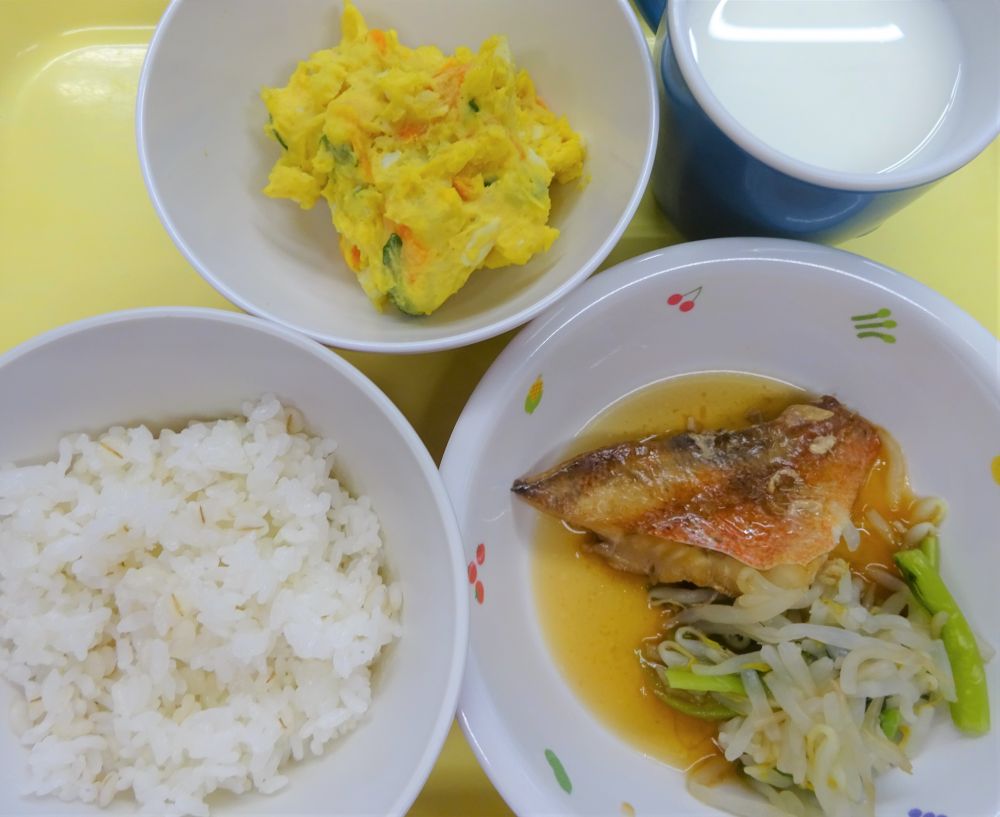 麦ご飯

赤魚の煮付け

ゆで野菜

カレーポテトサラダ

牛乳
