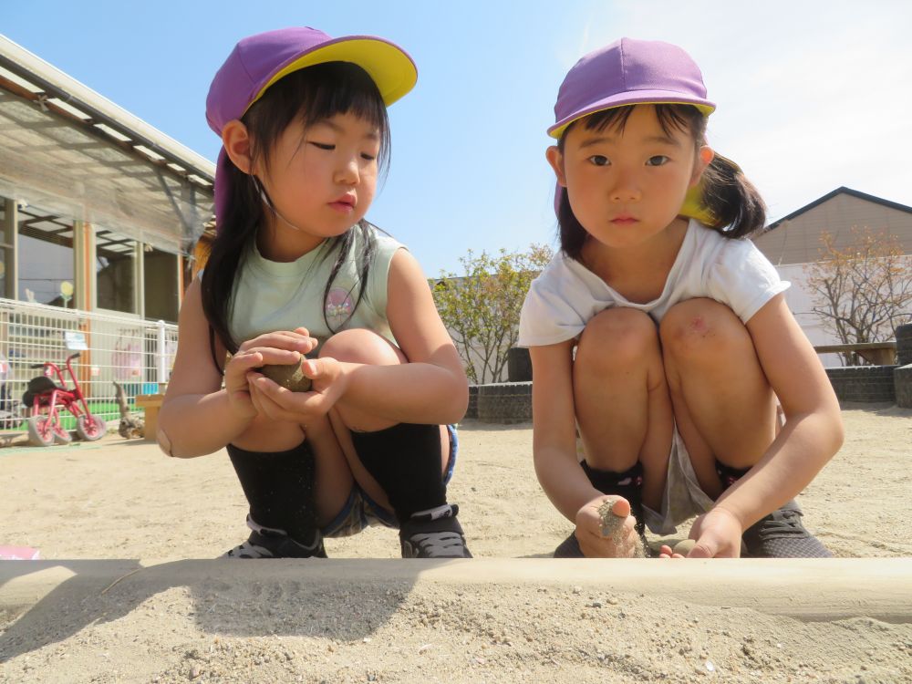 暖かい日が続いています
園庭砂場横では泥団子づくり♡

友達の様子をきにしながら
『一緒に作る楽しさ♪』『友達より上手に作りたい！』
・・・どんな事を考えながら作っているんだろう？