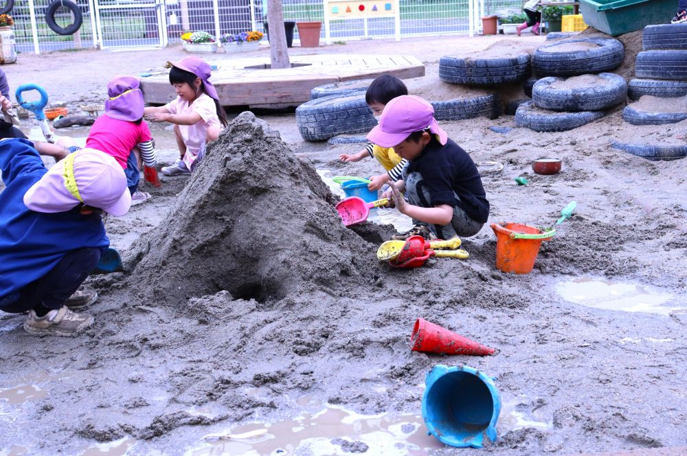 第３園庭へ行くと‥
砂山を作ってトンネルを掘るキリン組さん