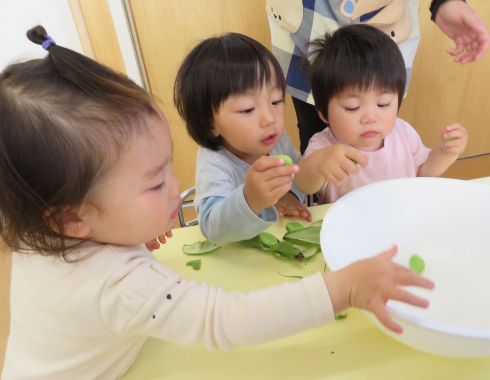 むいた豆はボールに入れて
給食先生にお料理してもらいましょ♪