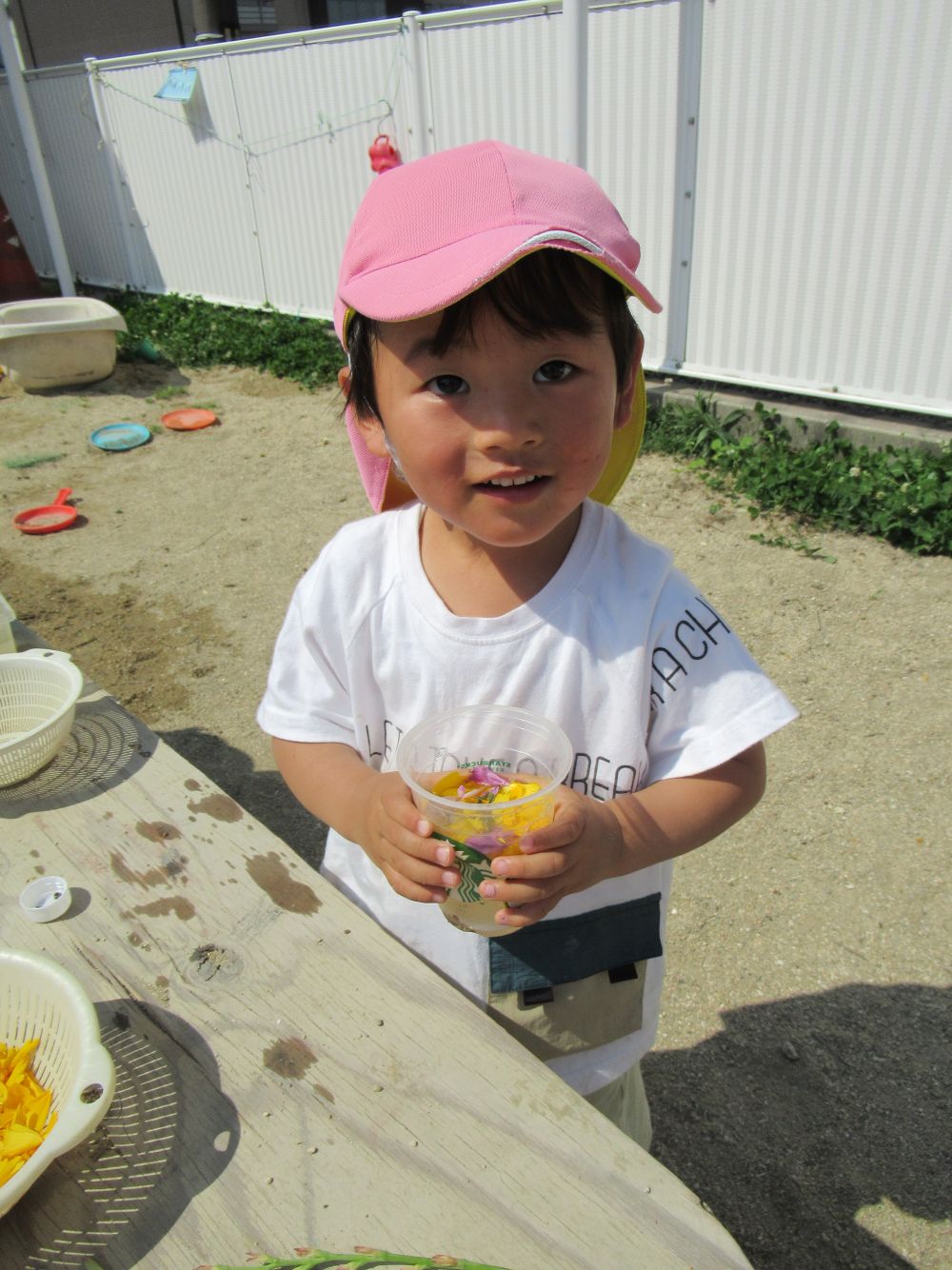 園庭に咲いている花・・　先生が持ってきてくれた花・・
みんなが持ってきてくれた花・・　それを使って草花遊び

遊びへの取り入れ方は人それぞれ・・・
みんな違ってみんな面白い
春の自然を使った遊びを満喫しています



『みてみてジュース！おいしそうでしょ？』
Ｙくんの作った色鮮やかなジュースの出来上がり
