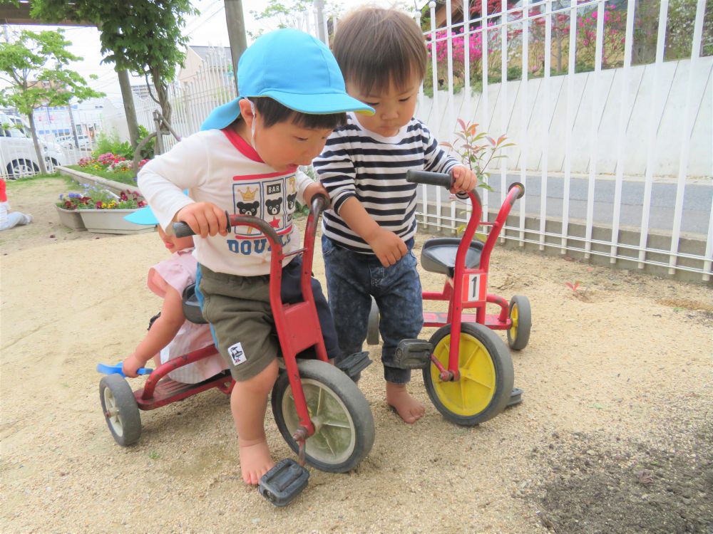 途中で「あっ虫！！」

最近園庭に遊びに来ているアリさんの行列発見！！

虫大好きな2人はしばらくの間触ってみたり観察したり…






