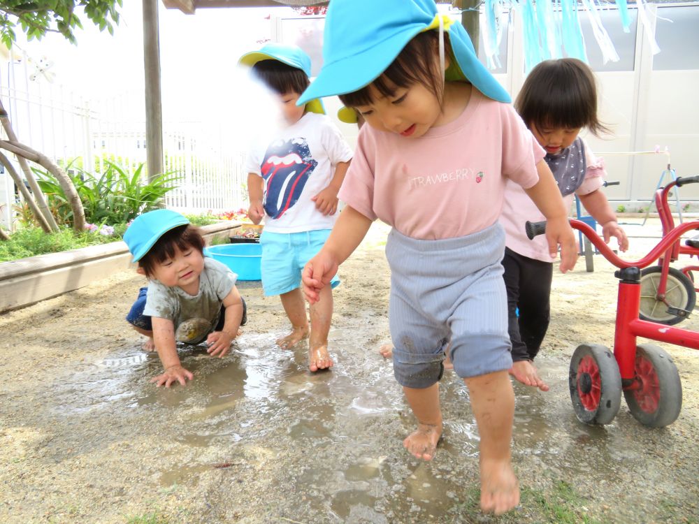 園庭でタライに水を汲んで置いていると
お水大好きヒヨコ組さんはすぐに発見！

手をつけたり、カップに汲んで楽しそう！

その時『バシャ～』とお水をひっくり返してしまい
『あ～あ』と呆然としていた子ども達…

