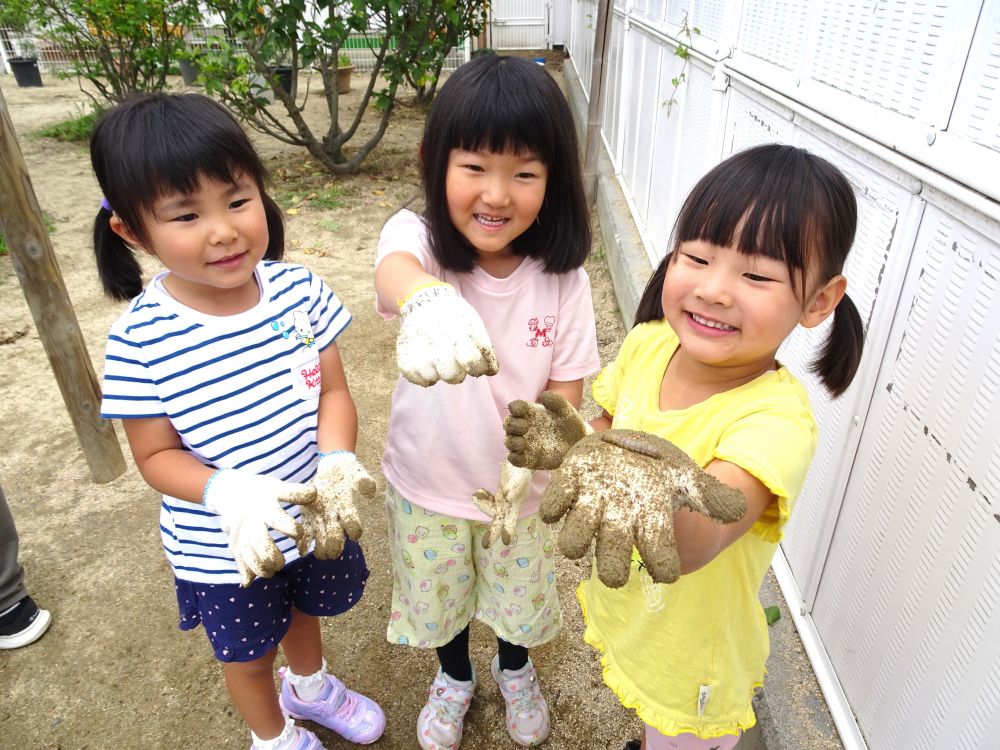 「みーつけた!!」
畑の中から幼虫を見つけたHちゃん
「じゃがいも食べとったんかねー?」
「じゃけー、こんなに大きくなったんかね!」
話がどんどん広がります♡