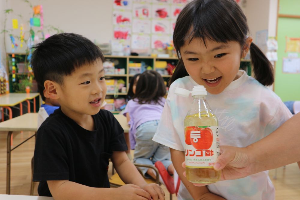 最後に入れるのは”リンゴ酢”
「匂ってみたい！」
「リンゴジュースの匂いしそう」
「酢だから酸っぱそう」　予想しドキドキワクワク・・・

匂ってみると・・
「・・・・。」と予想と違う匂いに言葉にならない子
「くさっ・・・」とびっくりする子
「酸っぱいね！」などと感じ方はいろいろ♪

砂糖が溶けるまで・・・
毎日優しくビンをゆすってお世話！
飲むことが楽しみなゾウ組さんです♡