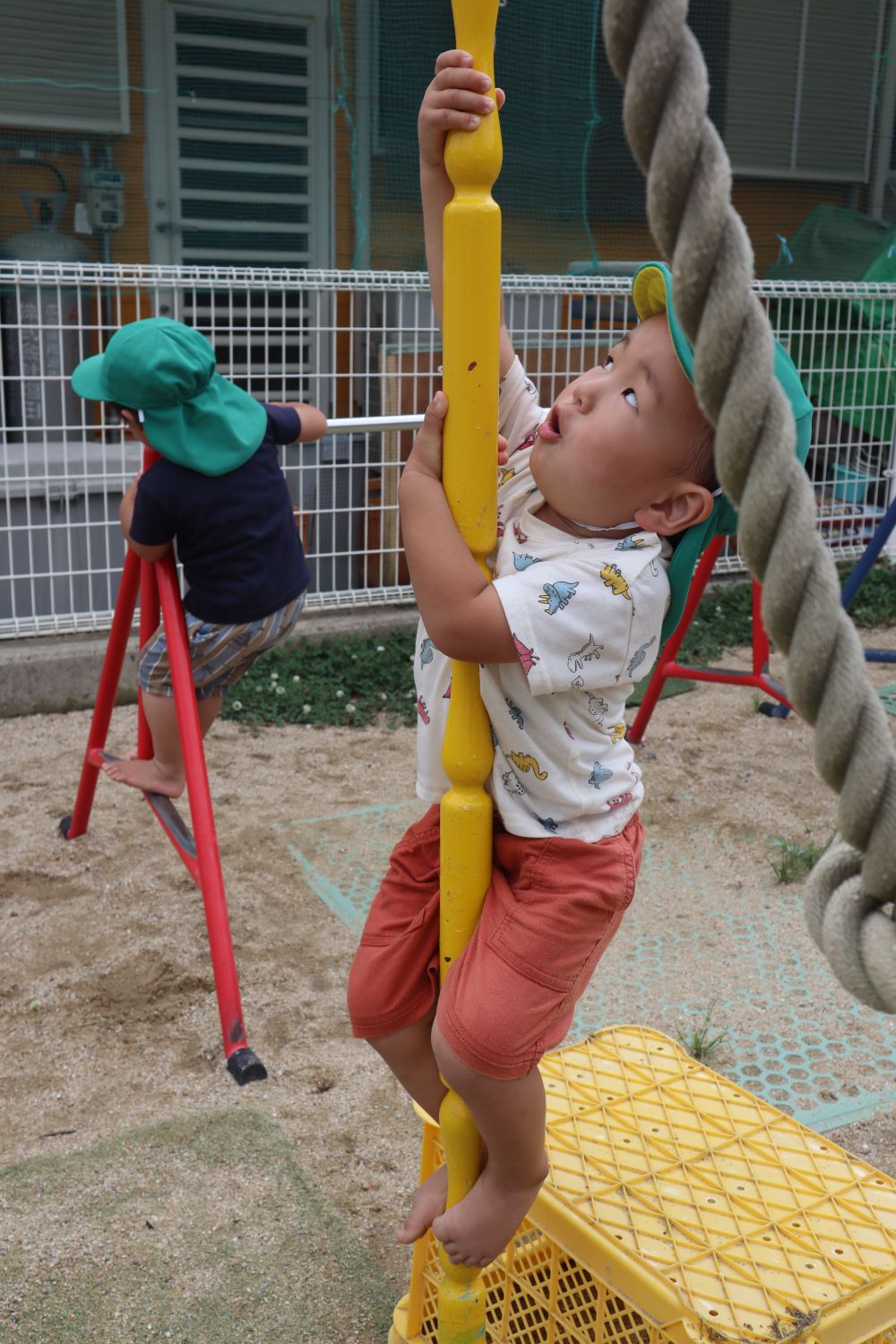 プール遊びも大好きだけど

体を動かし遊ぶことも大好き♪

プールのない日や、夕方の園庭では…
夏バテに負けないように　体力作り！！

Sくんは、
登り棒に捕まれるようになりました
(リス組さんがやっているのを見ていました)
(大きいクラスの刺激があってチャレンジ精神が芽生えてます)

登るのはまだ難しいけど、
腕の力と、足の指の力を使ってしっかり捕まります！！