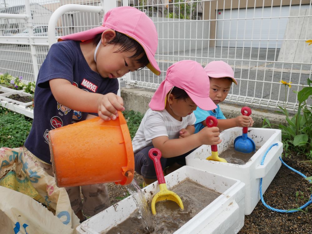 リス組さんとクマ組さんも田んぼ作りに挑戦
先生と一緒にまずは田んぼの土作りから始めます
面白そう！やってみたい！と集まって来てくれたリス組さん
お手伝いしながら泥の感触を楽しみます
水を水道から汲んできてくれたTくん
『土がドロドロ～』
