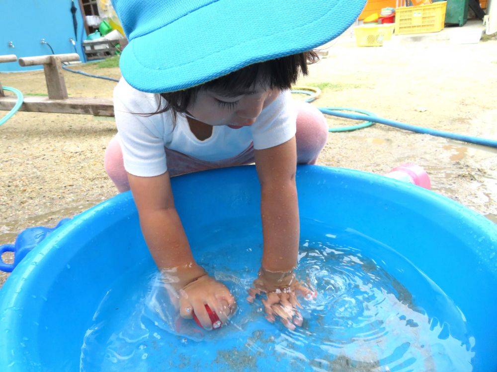 ヒヨコ組さんは今自分でやることに挑戦いています
水遊びの中、最初は「お水いれて～」と持って来ていた子も

今日は自分でやってみる！

Iちゃんのお気に入りはマヨネーズの容器
水を入れるのは難しい…「ブクブク…」と言いながら容器を手で押さえて…離して…

先生がこうやってたっけ…少し水が入ると「水入った！」と嬉しそうに見せてくれました♡