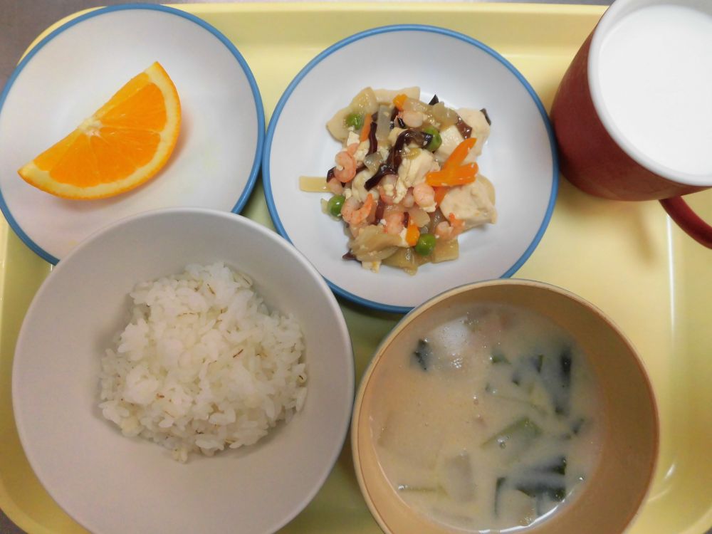 麦ご飯

豆腐の五目炒め

チンゲンサイの豆乳スープ

オレンジ

牛乳
