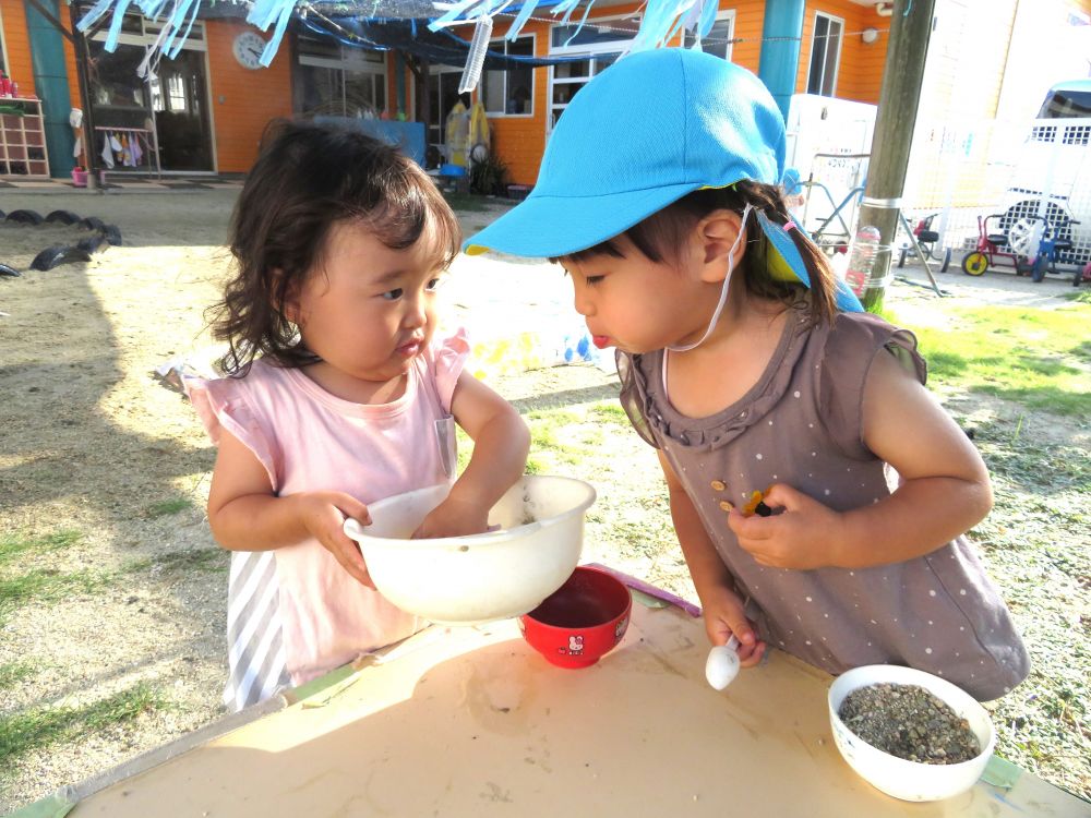 そこへお花を摘んでいたNちゃん

たくさんのお花を持ってIちゃんの所へやってきて

『どれがいい？』と言うように話かけます

『うーん…これ！』とIちゃんがいうと『どーぞ』とNちゃん


