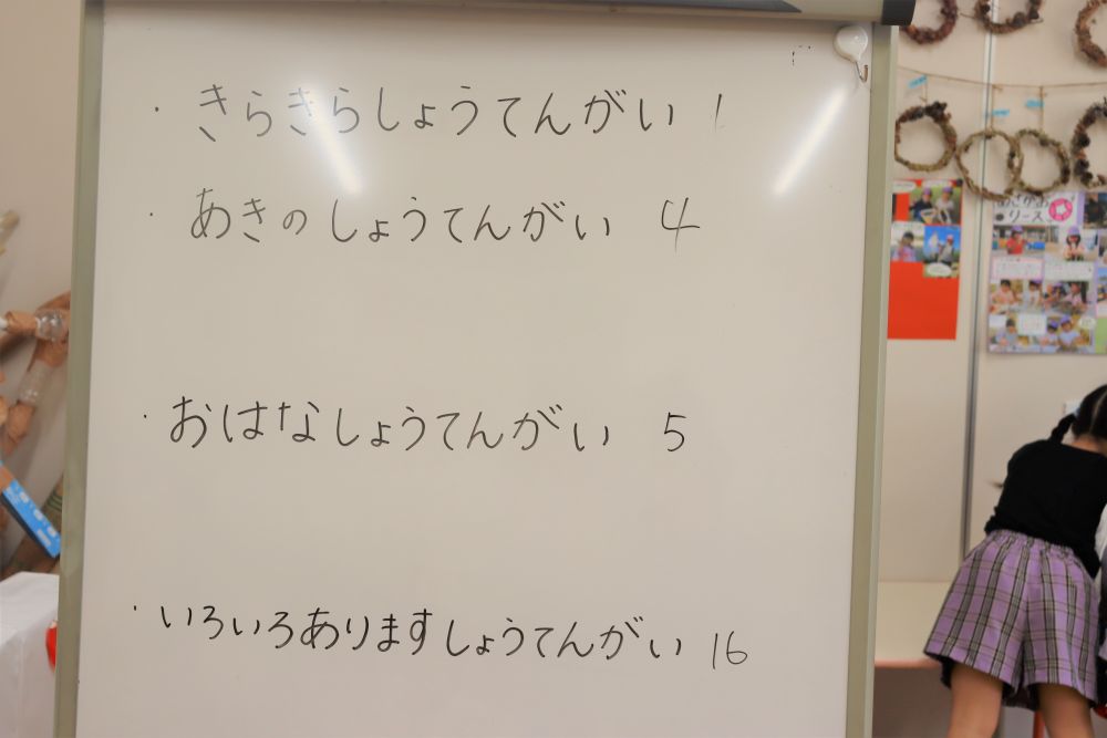 夏の時は「みらくるしょうてんがい」という名前でしたが
今回は「いろいろありますしょうてんがい」に決定

キリン組さんたち、多数決も慣れたものです
子どもらしくナイスなネーミング☆
今年は商店街から離れられそうにありません（笑）
子ども達にとって商店街は楽しい魅力いっぱいのようです
