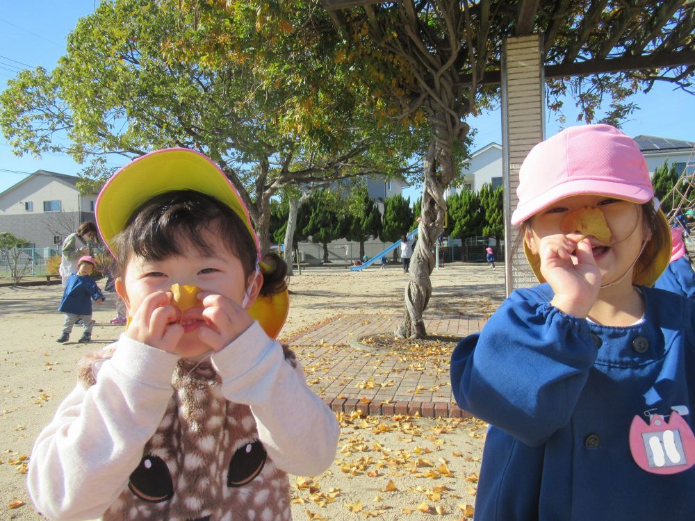 葉っぱを鼻にくっつけて・・・
『ブタだよ～ん！！』
葉っぱを使った遊び方・・表現の仕方・・
みんな違ってみんな良い♡