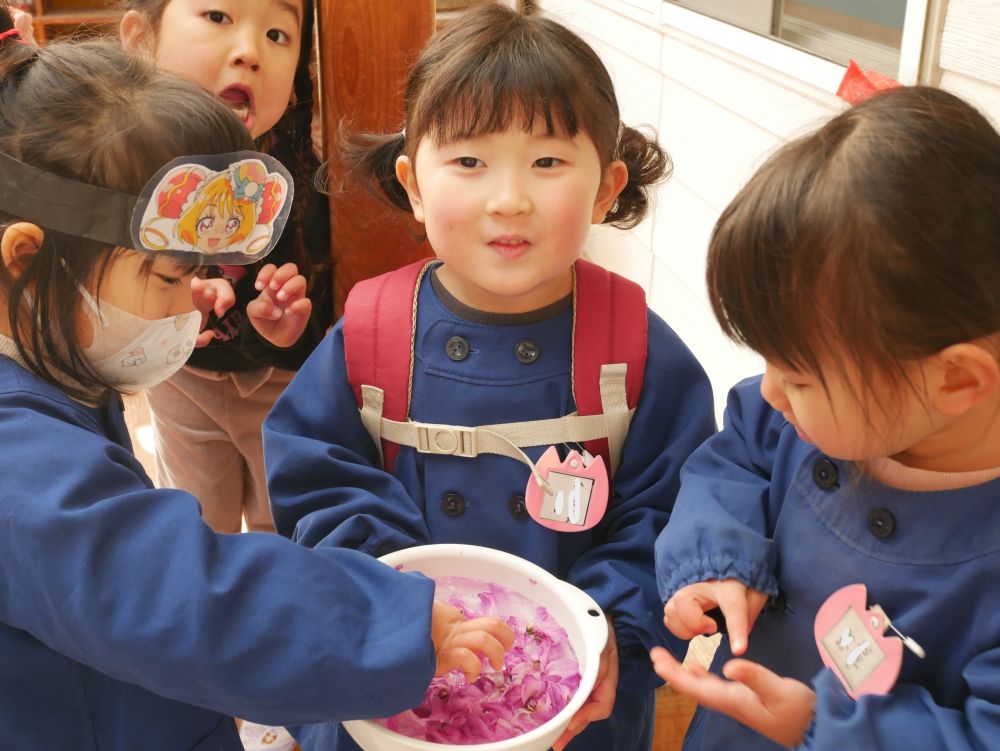 先日園で作った氷づくりが楽しくて♡
家でも氷を作って持ってきてくれたIちゃん
ホウセンカの花びらも入れて綺麗な色付き氷が完成
『見せて見せて』と友達
みんなに見られて嬉しいような・・　恥ずかしいような・・