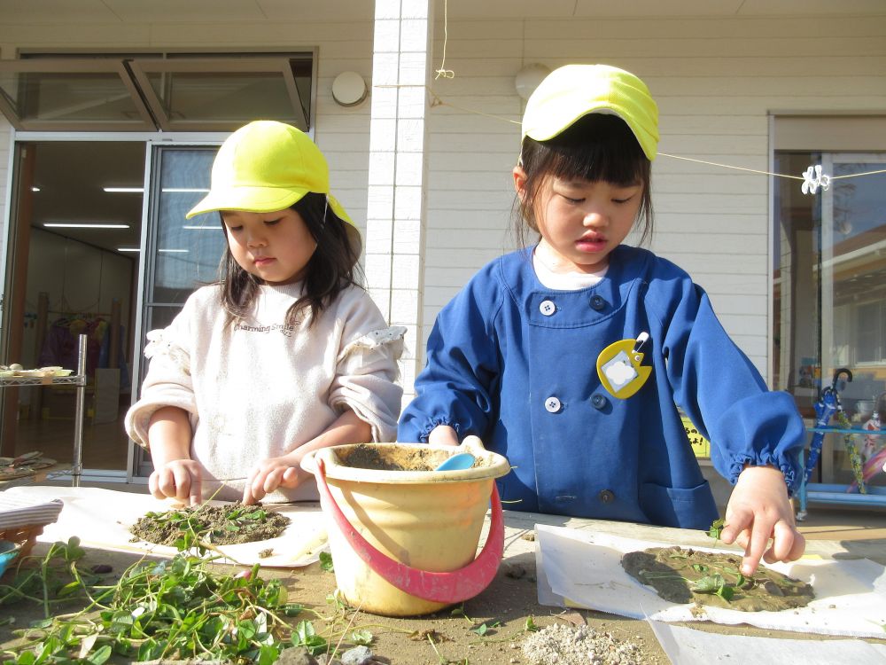 「ピザってトマトとかチーズとかのってるよね！」
「トッピングもしよう！」
と園庭などで自然物を集めて飾り付け♡

「クローバーは、ピーマン」
「黄色はチーズかな！」
「赤い葉っぱはトマト」など様々なトッピングに見立てて・・♡

「チーズピザ作ろう」
「私は、ウインナーチーズピザにする」
イメージを共有、膨らませながら・・・♡