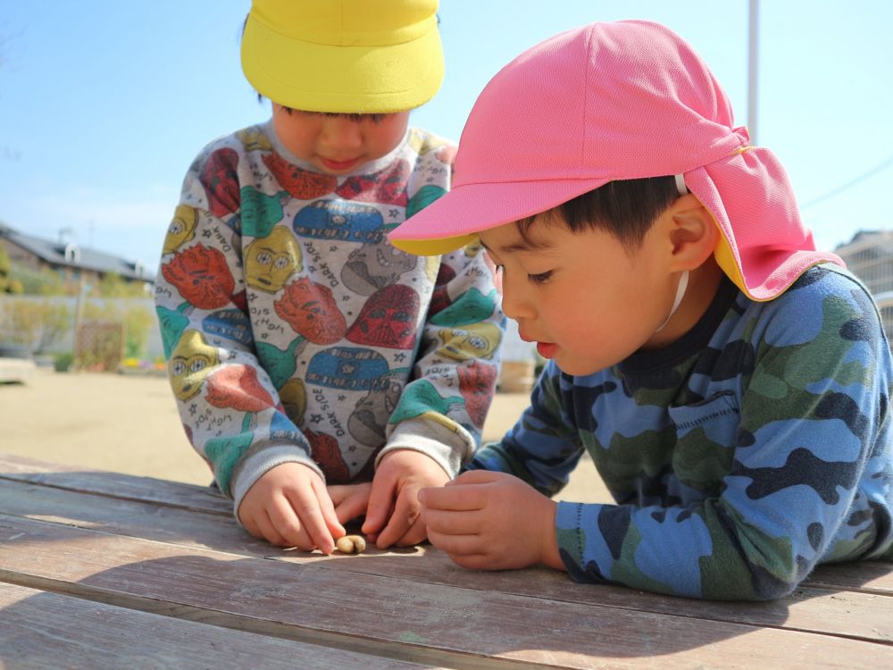 園庭のプランターの下やクローバーなど・・
色々な場所で虫探しを楽しむ姿♡

「幼虫おった！！」
春になり少しずつ出てきた
虫たちとの出会いに喜ぶ姿♡

「ちょっと、みてみよう」
観察を楽しむSくん