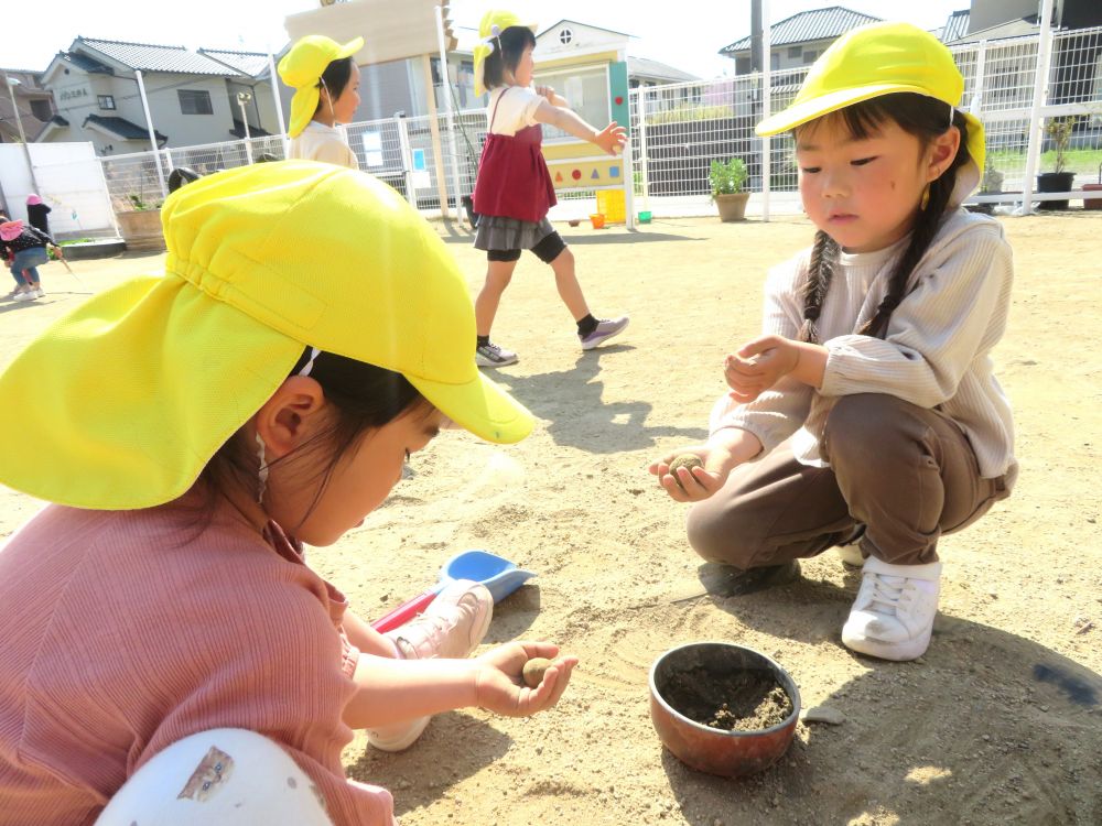 「ピカピカになってきたよ」「触らして」
「なんで？」「ずっとサラ粉かけるんよ」
それぞれの泥団子を触って、確認しながら教え合う二人