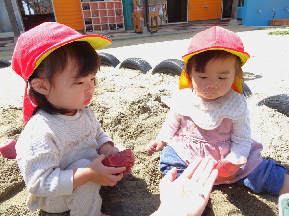 捕まえることができて大喜びのYちゃん
「おったよー！」と
さっそくＫちゃんに報告♡

びっくりしながらも、興味津々のKちゃん
一緒にじーっとダンゴムシを見つめる・・・