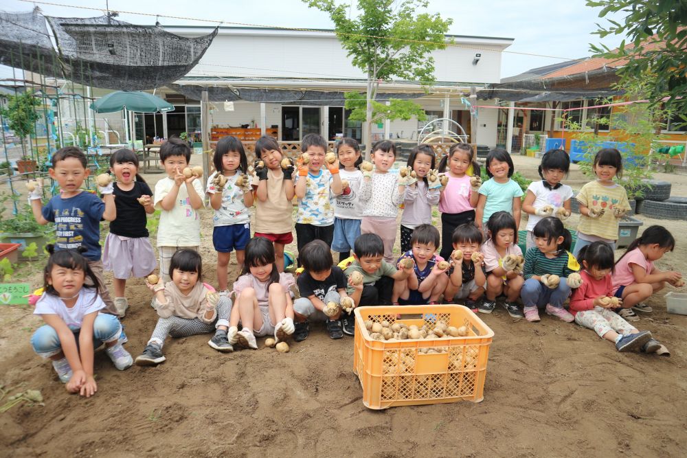 収穫した後は…
軍手を自分たちで綺麗に！
「泥だらけで水がすぐ汚くなるね」

みんなで収穫した大量のじゃがいも…
クッキングで使うのが楽しみだね♡
