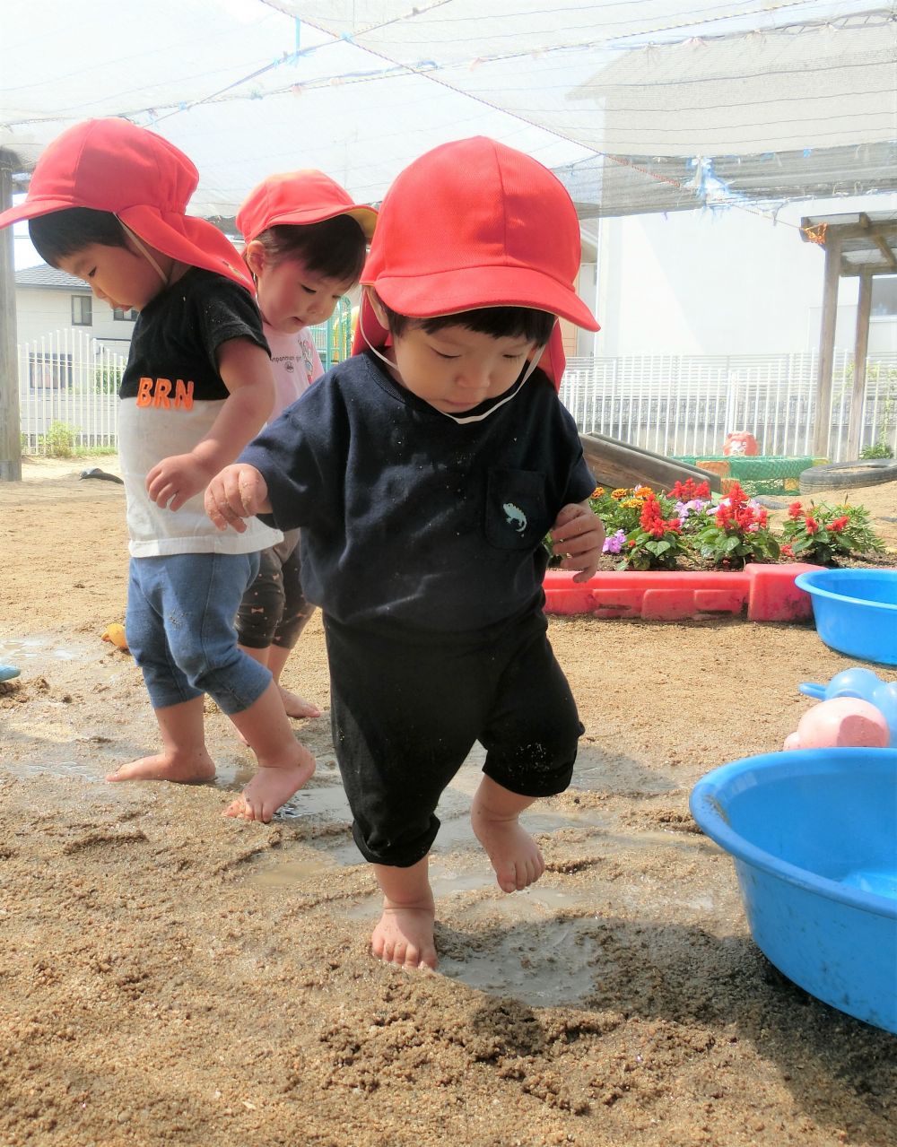 楽しみにしていた泥んこ遊びが始まりました♪

初めてのは・だ・し・・・
Aくんは、ルンルンで園庭へ・・・
泥の感触を足踏みして、しっかり確かめています。