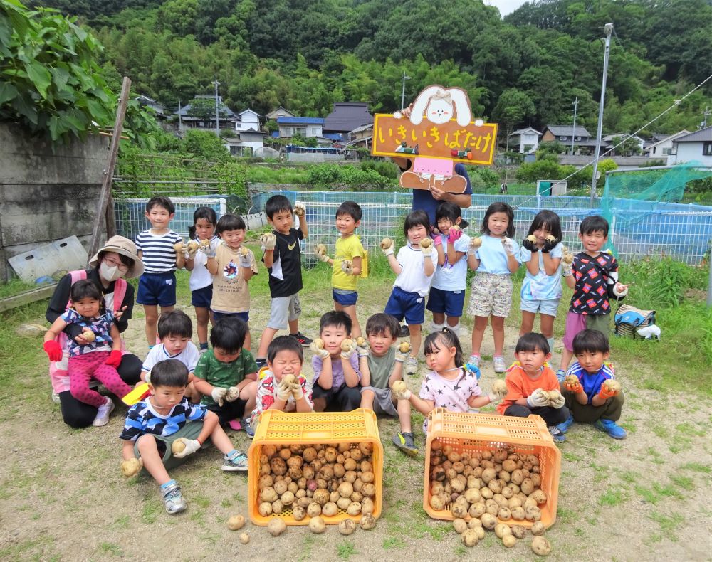 汗だくになりながら一生懸命に活動したおかげでたくさんじゃがいもを収穫できました。

園で美味しいじゃがいも料理にしようね♡
