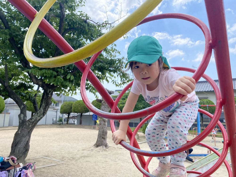 キリン組、ゾウ組さんと手をつなぎ
初めて川上公園までお散歩に行きました

ちょっと遠い距離でも
お兄ちゃん、お姉ちゃんと一緒なら
軽快な足取りです♡

早速遊具にくぎ付けのリス組さん
ちょっと怖いけど
「やってみたい！」の気持ちが勝る☆
しっかりと輪っかを握り
自分のペースで登っていきます
