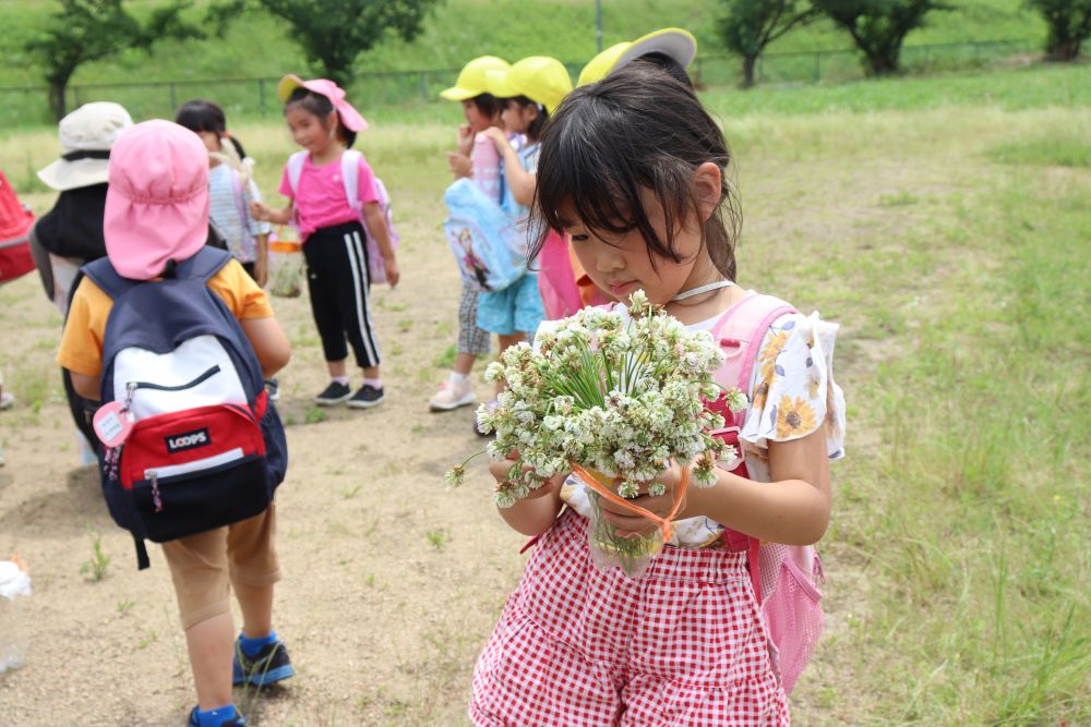 草花が好きな女の子たちはシロツメクサ等、お花摘み♡

ただの原っぱですが、ゆめっ子は楽しみを見つける事がとても上手です