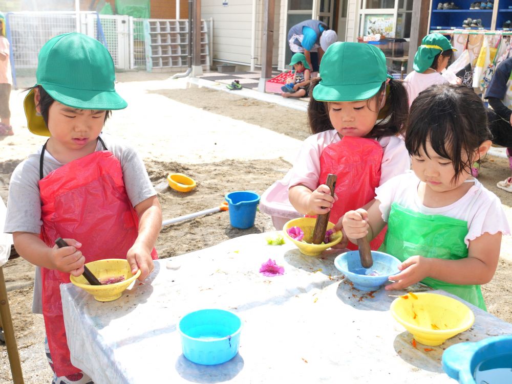 色水づくりでは・・・
花びらから様々な色が出ることを楽しんだり
大好きなジュースに見立てて楽しんだりしています



最初は中々上手く色が出せなくて
『できない・・・』と言っていた子も
毎日の遊びの中で上手に色が出せるようになりました