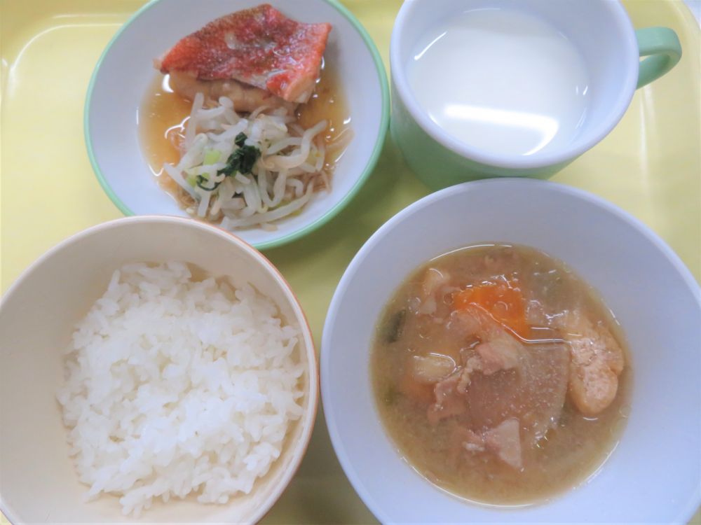 ご飯

赤魚の煮付け

ゆで野菜（もやし・青菜）

豚汁

牛乳