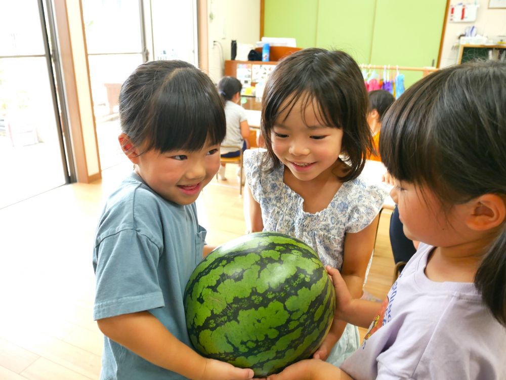 部屋に戻り、もう一度野菜を持って
確認する姿も…

「スイカって浮いたよね？」
「え、こんなに重たいのに！？」
「水の中にいれると軽いん？」

プチトマトは沈み、大きなスイカが浮く
みんなの予想が大きく外れ
ビックリしている様子も…