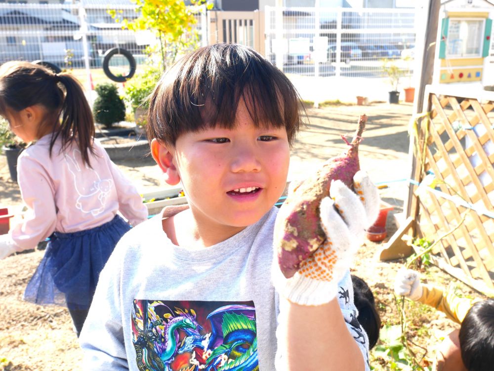 「見て！ひげがついとる♪」
「まだありそう…」　最後まで堀り続けるKくん

一つも採れていない友達にある場所を教えてあげ、　
一緒に収穫する喜びを感じる…♡