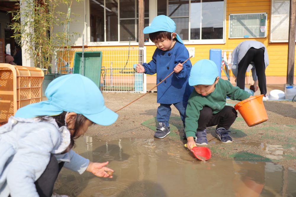 雨上がりの園庭
水たまりを囲む子どもたち





何をしているのでしょうか？
