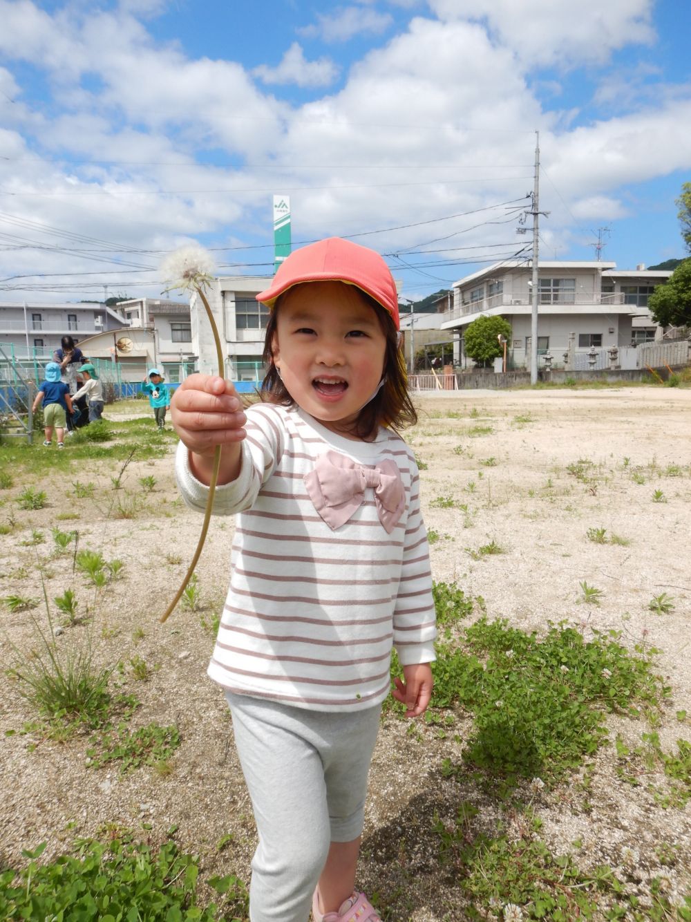 お散歩日和♡
リス組さんと一緒にお散歩に出かけました！

幼稚園の跡地・・・・園庭より広い！！広い！！広～い！！
嬉しくって自然と駆け出すこどもたち
ぐるりとひと回り。何があるかな？と探索♡

「こっち虫いるよ」
「みてみてこの花とぶよ」
「本当だぁ～」
まわりの話にどこどこ？？と探し始めました。

見つけると～
わたげ大会が始まりました！
あっちで”フー”
こっちで”フー”

